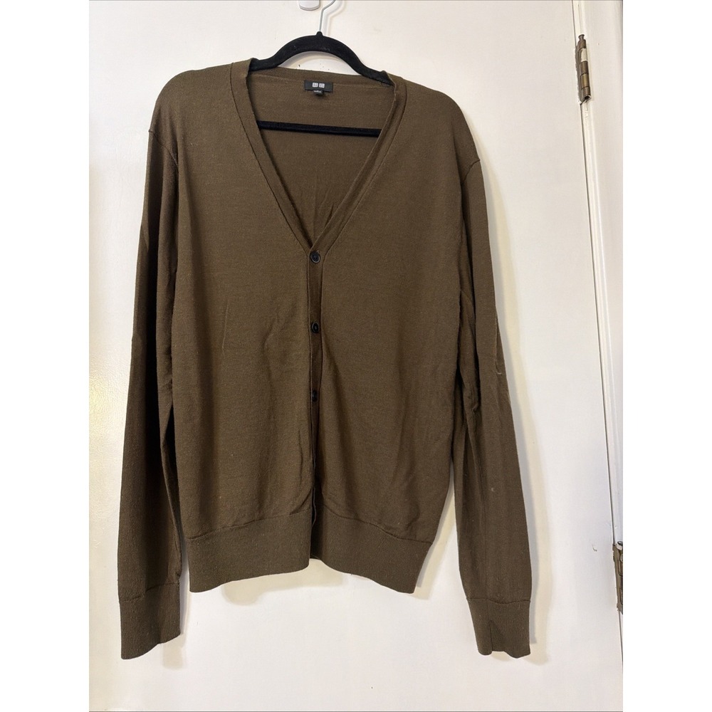 Uniqlo Men's Sz M Long Sleeve Jumper Sweater Cardigan 100% Wool Green